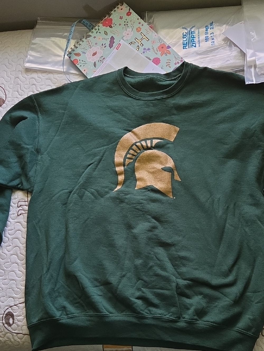 Unisex Green Sweatshirt with Gold Spartan Helmet Graphic MSU